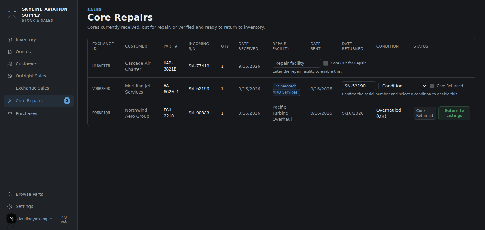 The Core Repairs dashboard showing cores at different stages: awaiting a repair facility, out for repair, and returned with a verified condition ready to go back into inventory