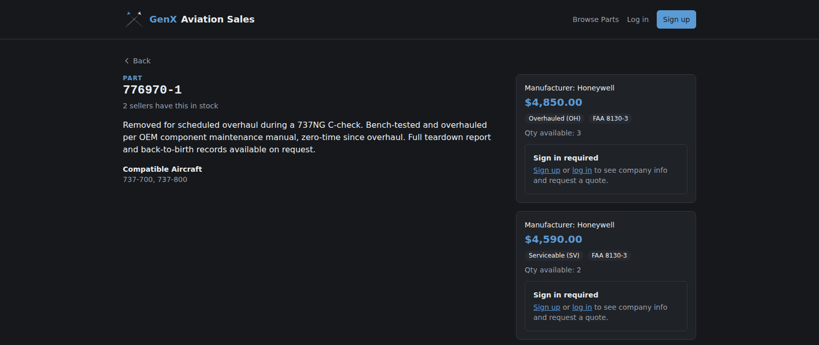 A part detail page showing two competing sellers' condition, certification, and pricing for the same part number