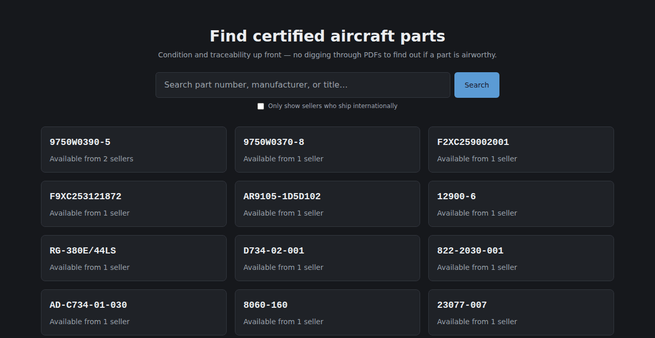 Search bar and grid of live part number listings