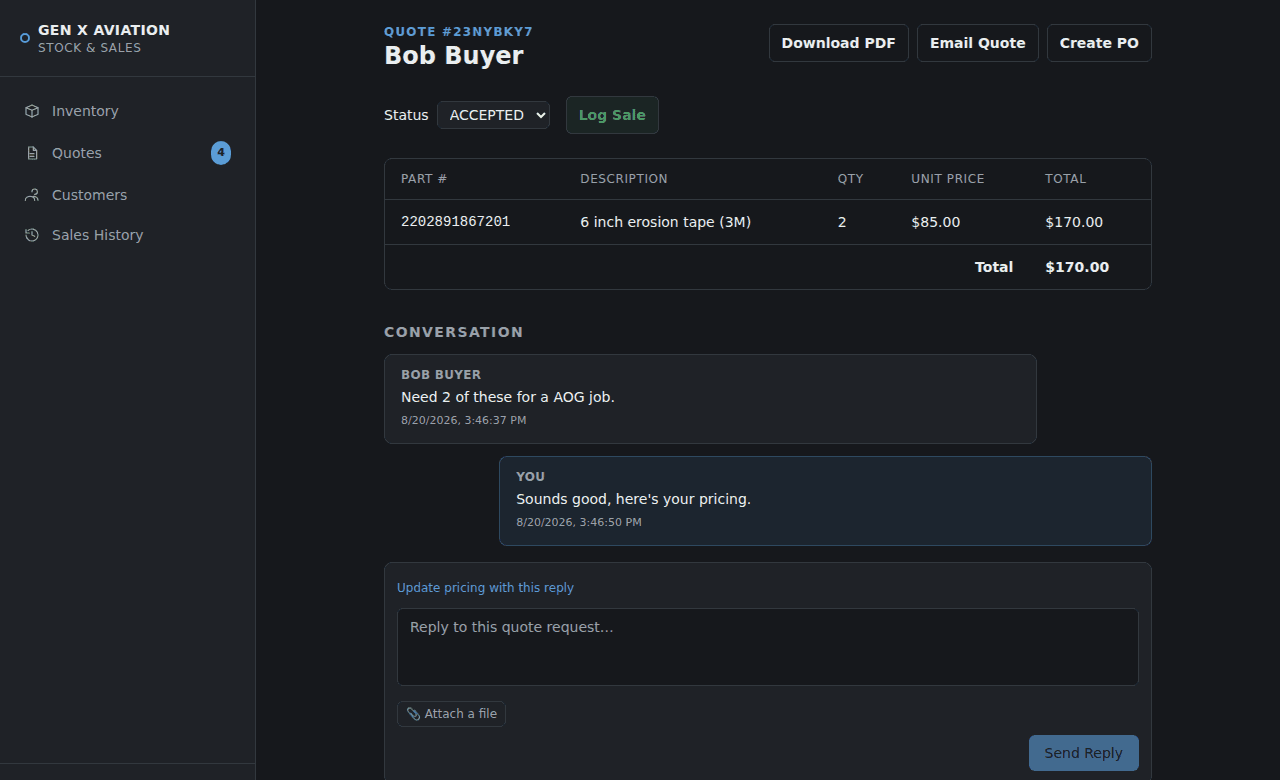 A quote thread showing negotiated pricing, buyer and seller messages, and Create PO / Download PDF actions