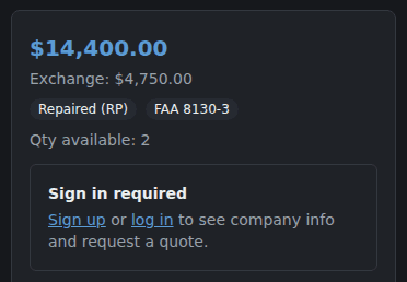 A listing showing price, condition, and FAA 8130-3 certification status